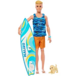 Barbie Poseable Blonde Ken Beach Doll with Surfboard and Pet Puppy & Themed Accessories