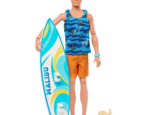 Barbie Poseable Blonde Ken Beach Doll with Surfboard and Pet Puppy & Themed Accessories