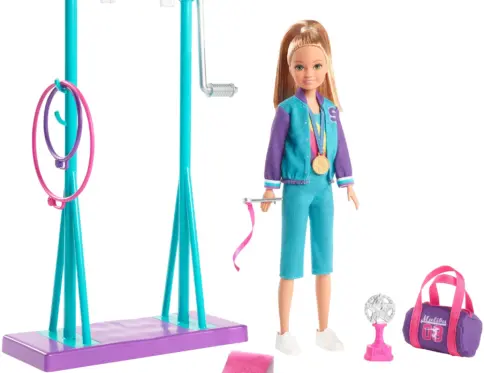 Barbie Team Stacie Doll and Gymnastics Playset with Spinning Bar and 7 Themed Accessories
