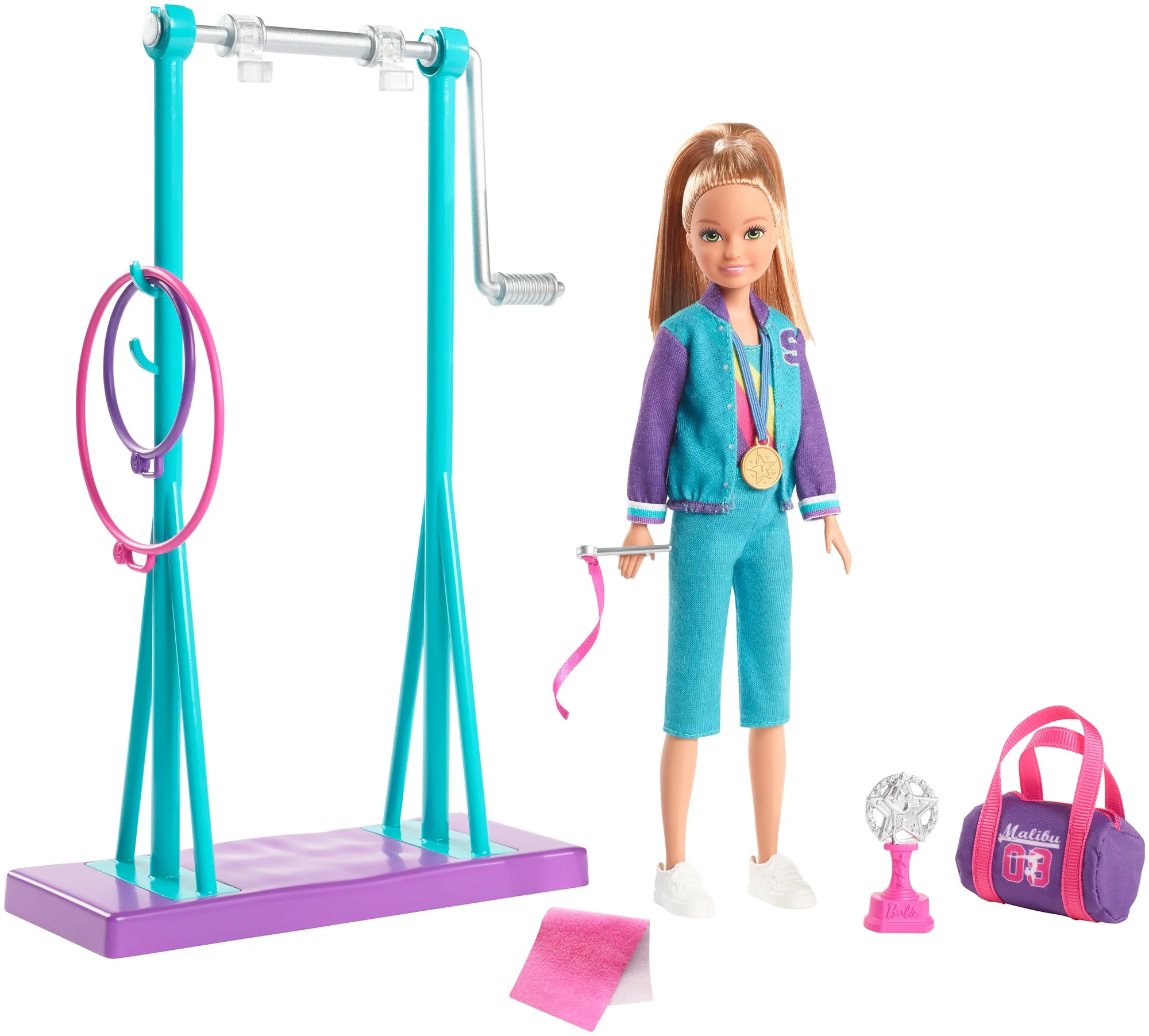 Barbie Team Stacie Doll and Gymnastics Playset with Spinning Bar and 7 Themed Accessories