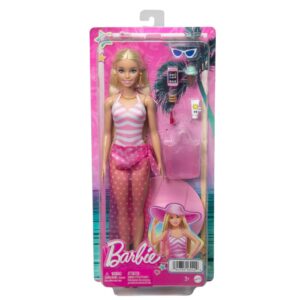 Barbie Blonde Doll with Pink & White Swimsuit Beach Playset