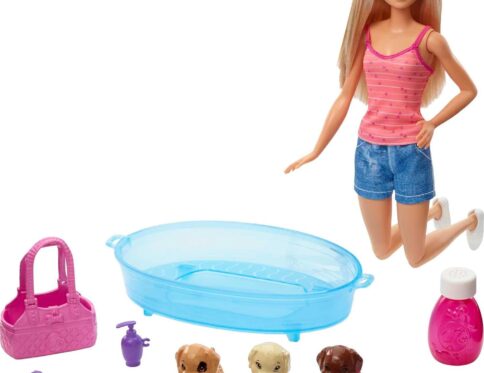 Barbie Doll Blonde with 3 Puppies Bathtub Playset